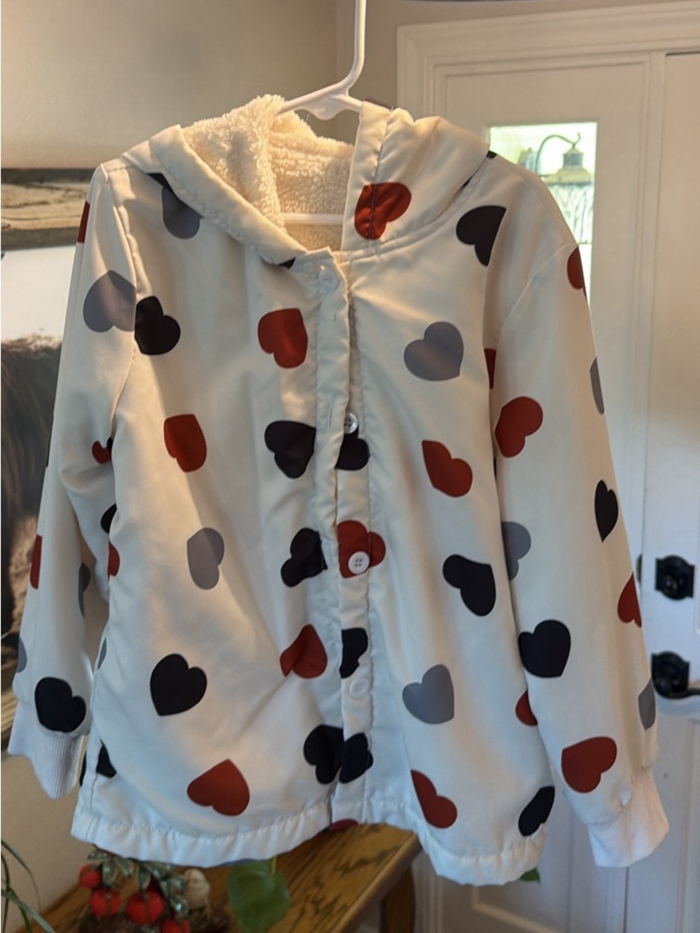 Kid's Cream Hooded Heart-Print Coat